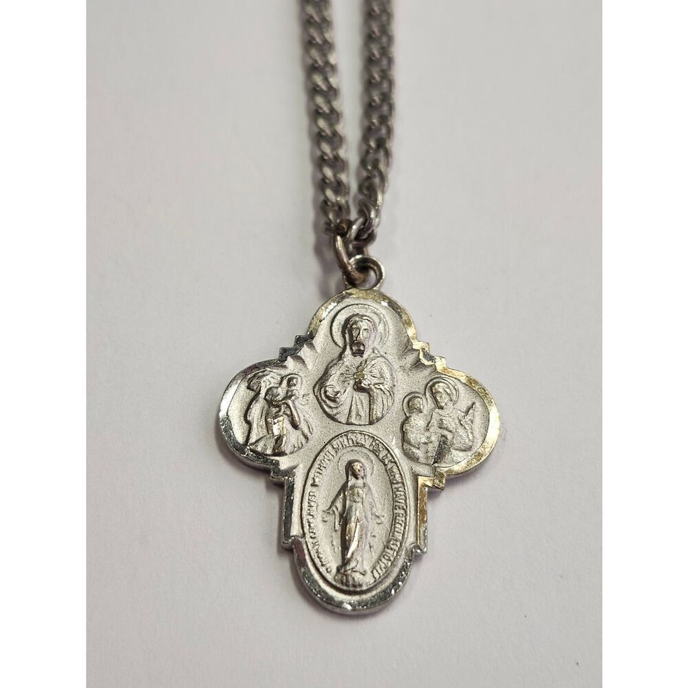 Sterling Silver Plated Religious Medal Cross Necklace 4 Way 24" Length
